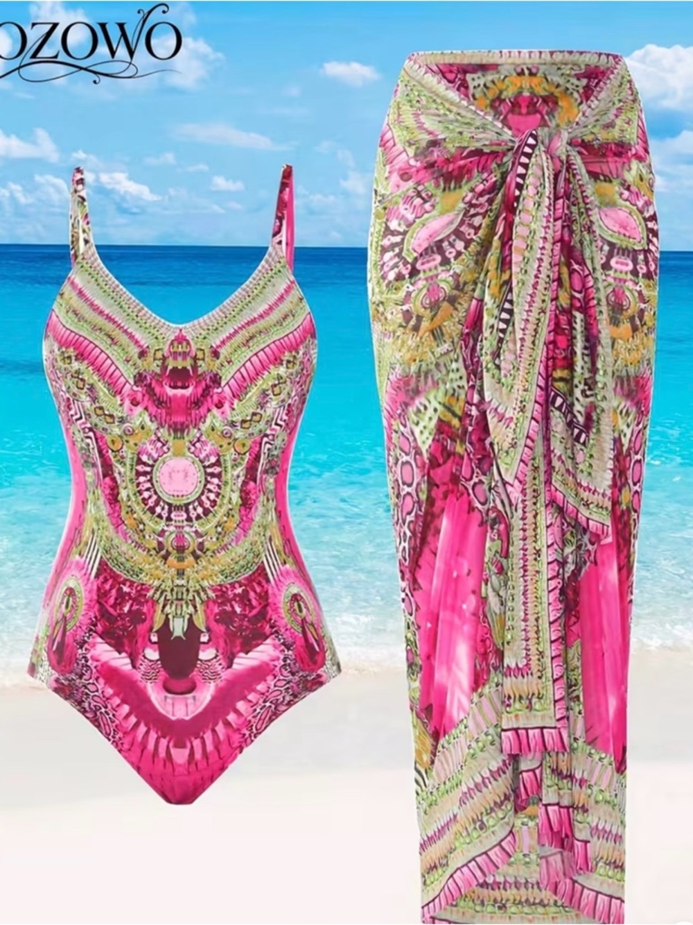 Boho-Print Pink & Green Women's One-Piece Swim Bodysuit with Sarong